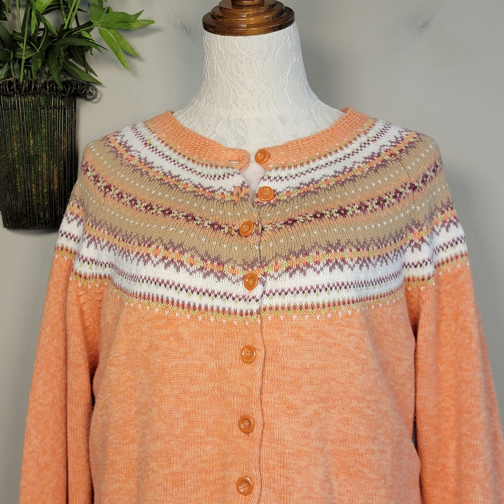 Vintage Tiara Fair Isle Knit Sweater Button Up Cardigan Orange Velvet Ribbon 3X - Picture 4 of 11